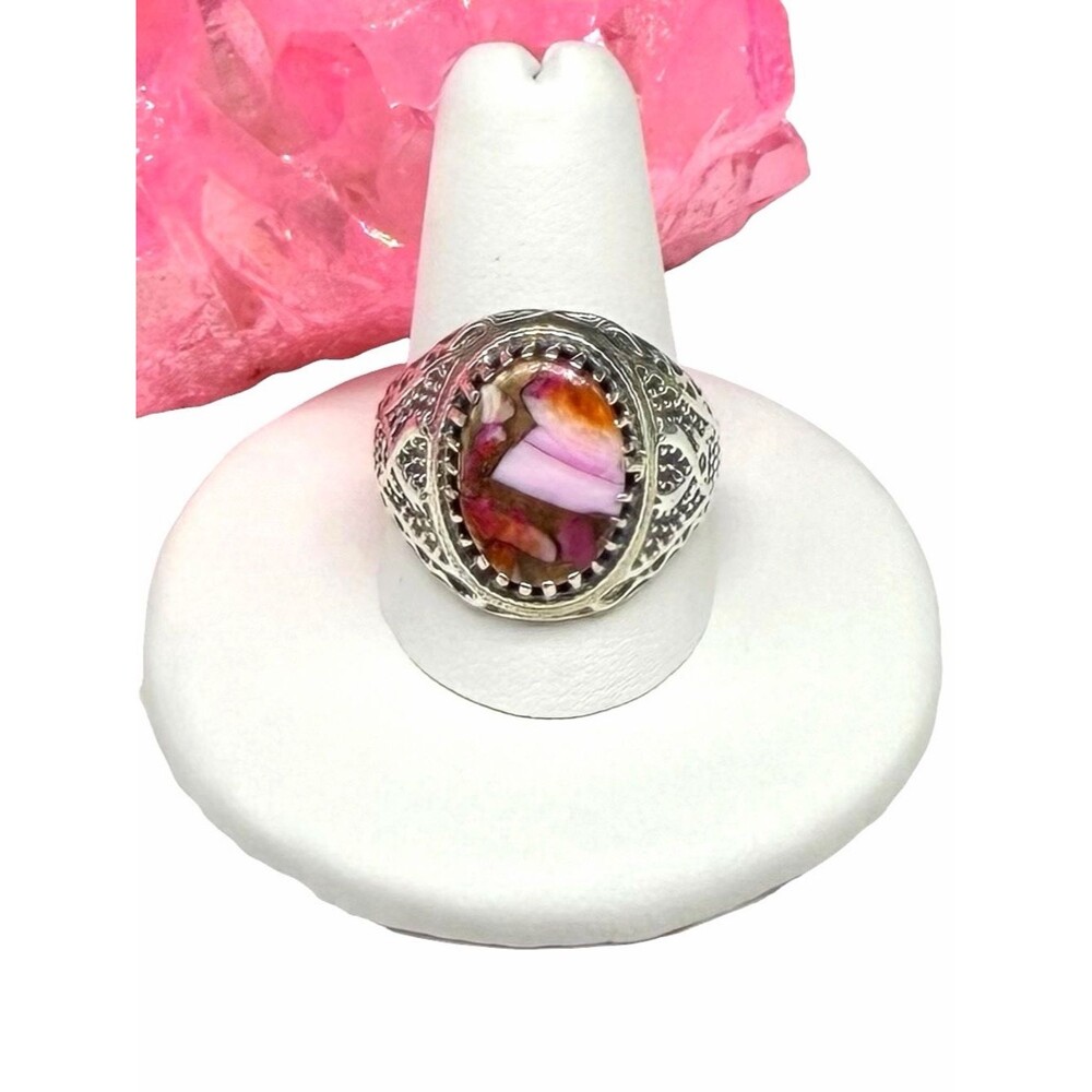 Kingman Pink Dahlia Turquoise Ring Size 10 Solid 925 Sterling Silver Oval
